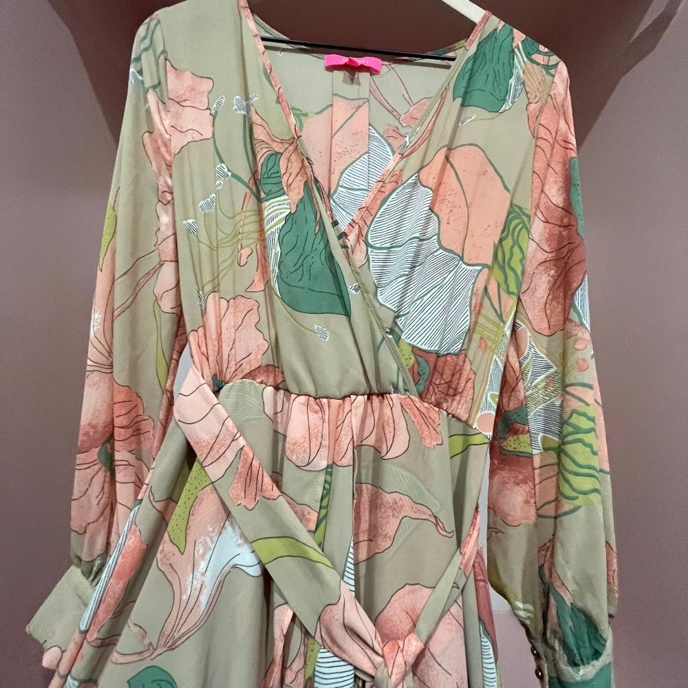 Coral, Green and Beige wrap maxi dress